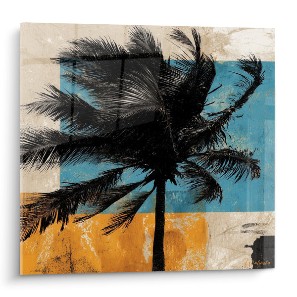 Tableau Palmier noir sur fond bleu et orange - Brise tropicale - Edition Palmier