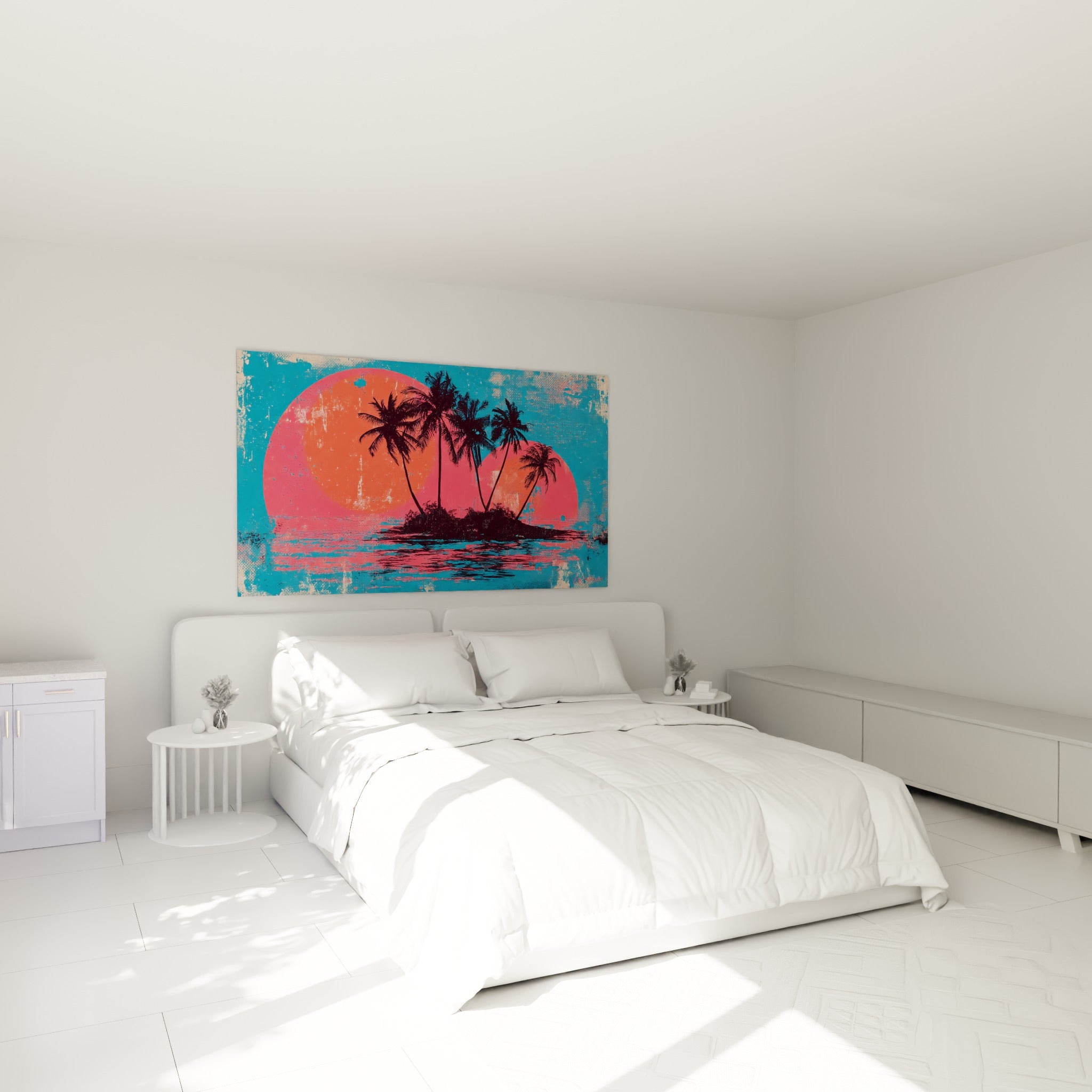 Île tropicale et palmiers noirs sur fond corail, tableau accroché au-dessus d'un lit dans une chambre claire