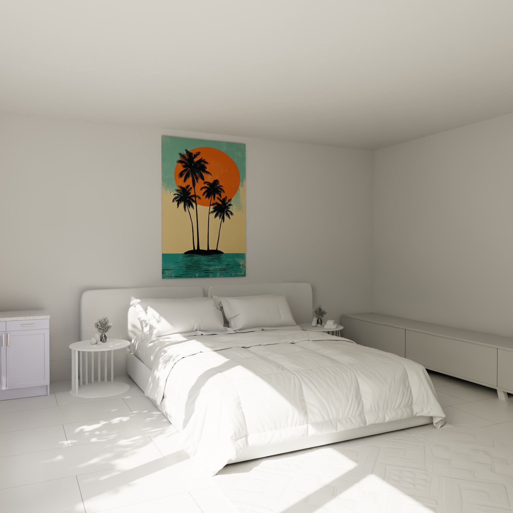 Quatre palmiers silhouette et soleil orange au-dessus d'un lit dans une chambre claire