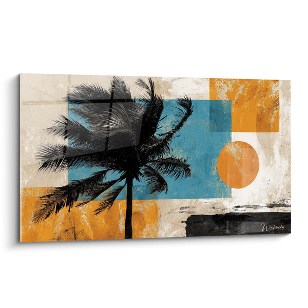 Tableau Palmier noir sur blocs bleus et orange - Disque orange géométrique - Edition Palmier