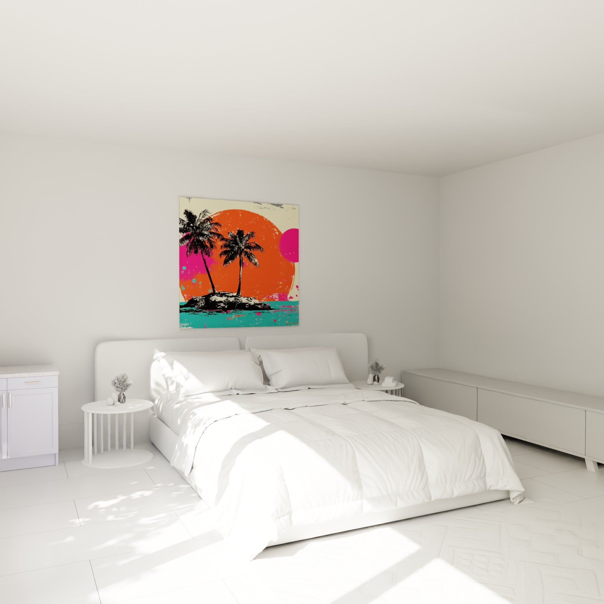 Îlot tropical noir sur mer turquoise et fuchsia, au-dessus d'un lit dans une chambre claire