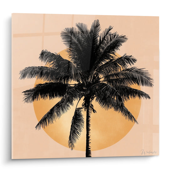 Palmier noir se découpant sur un soleil doré, fond rose poudré, silhouette graphique intense