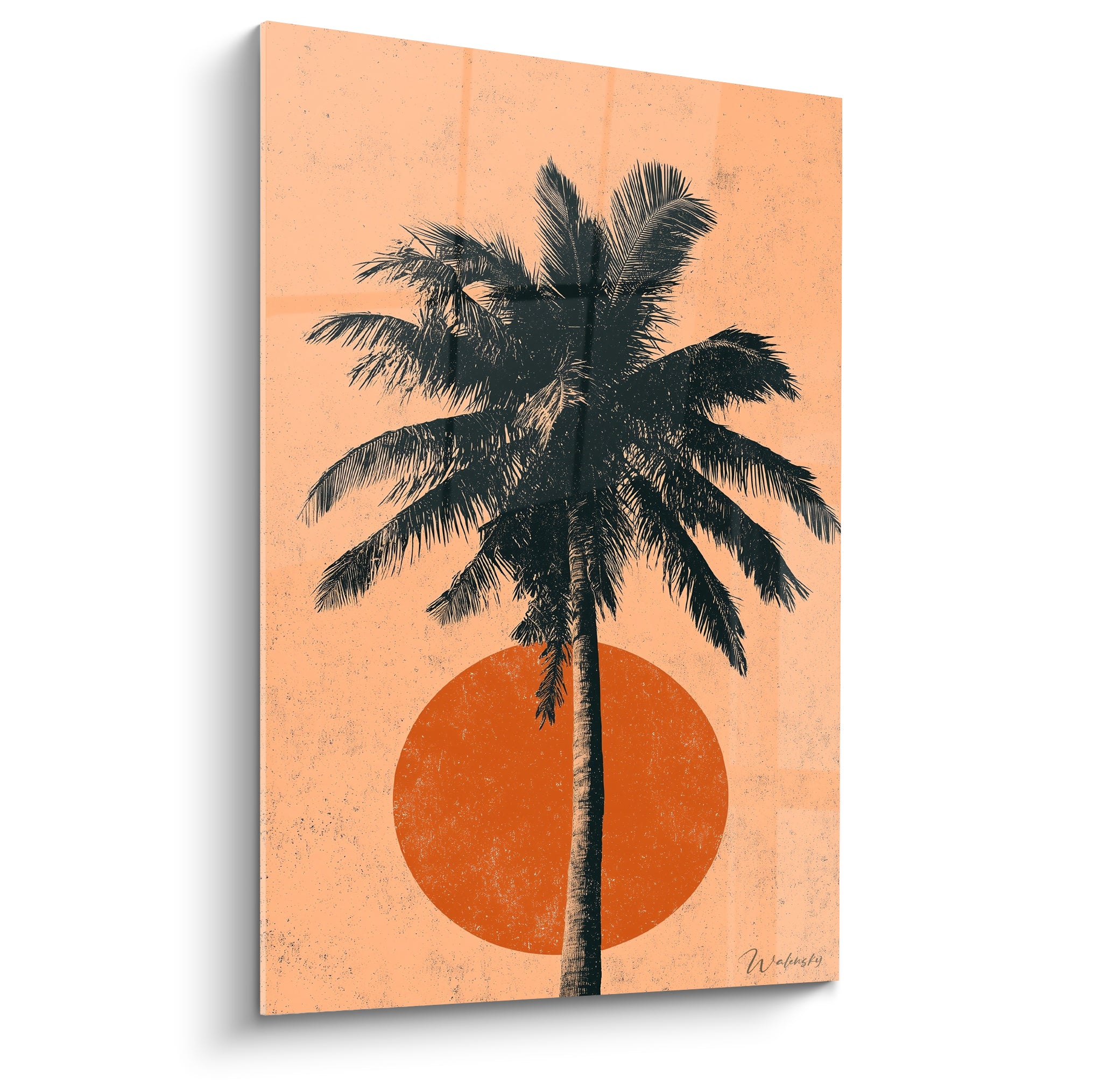 Palmier en silhouette anthracite devant un soleil terracotta sur fond abricot patiné