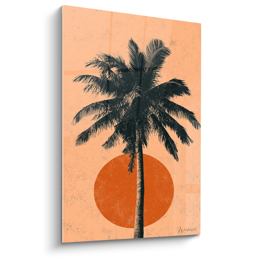 Tableau Palmier noir sur disque orange rouille et fond pêche - Silhouette solaire vintage - Edition Palmier