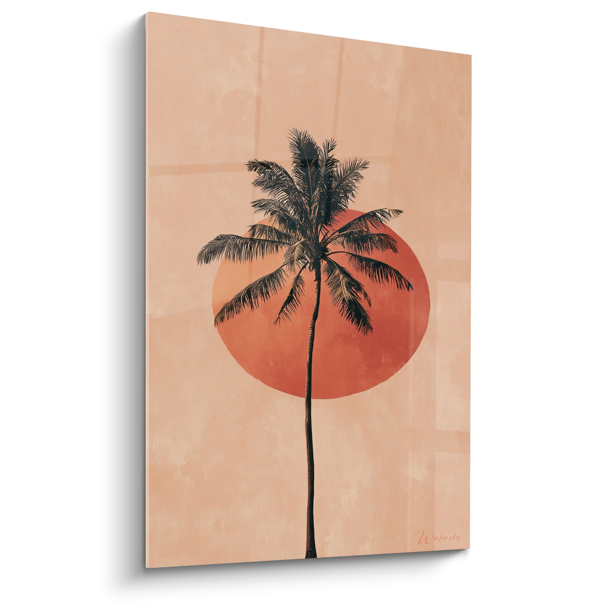 Palmier silhouette noire devant un soleil terracotta sur fond rose poudré texturé