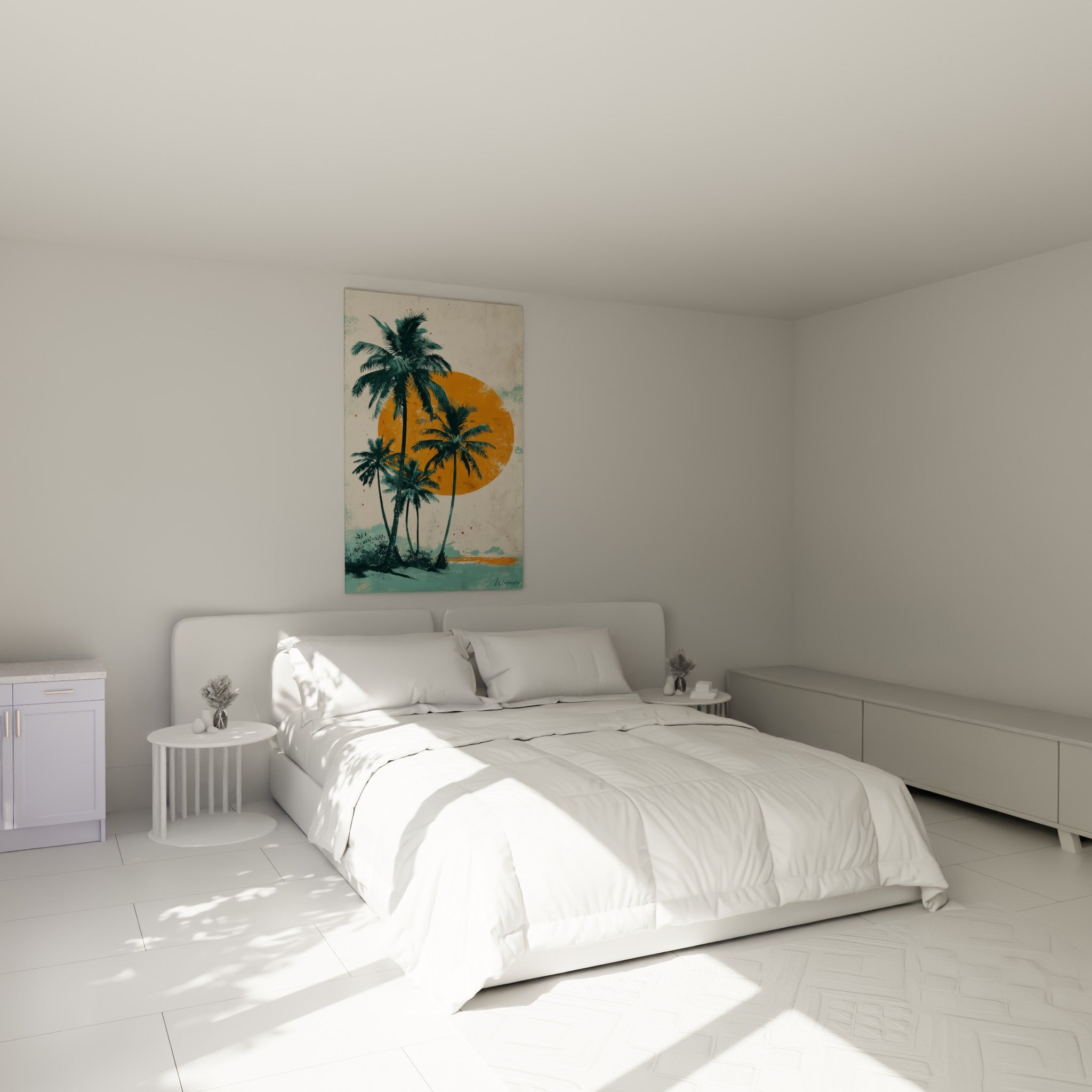 Silhouettes de palmiers sarcelle et soleil orange accrochées au-dessus d'un lit dans une chambre claire
