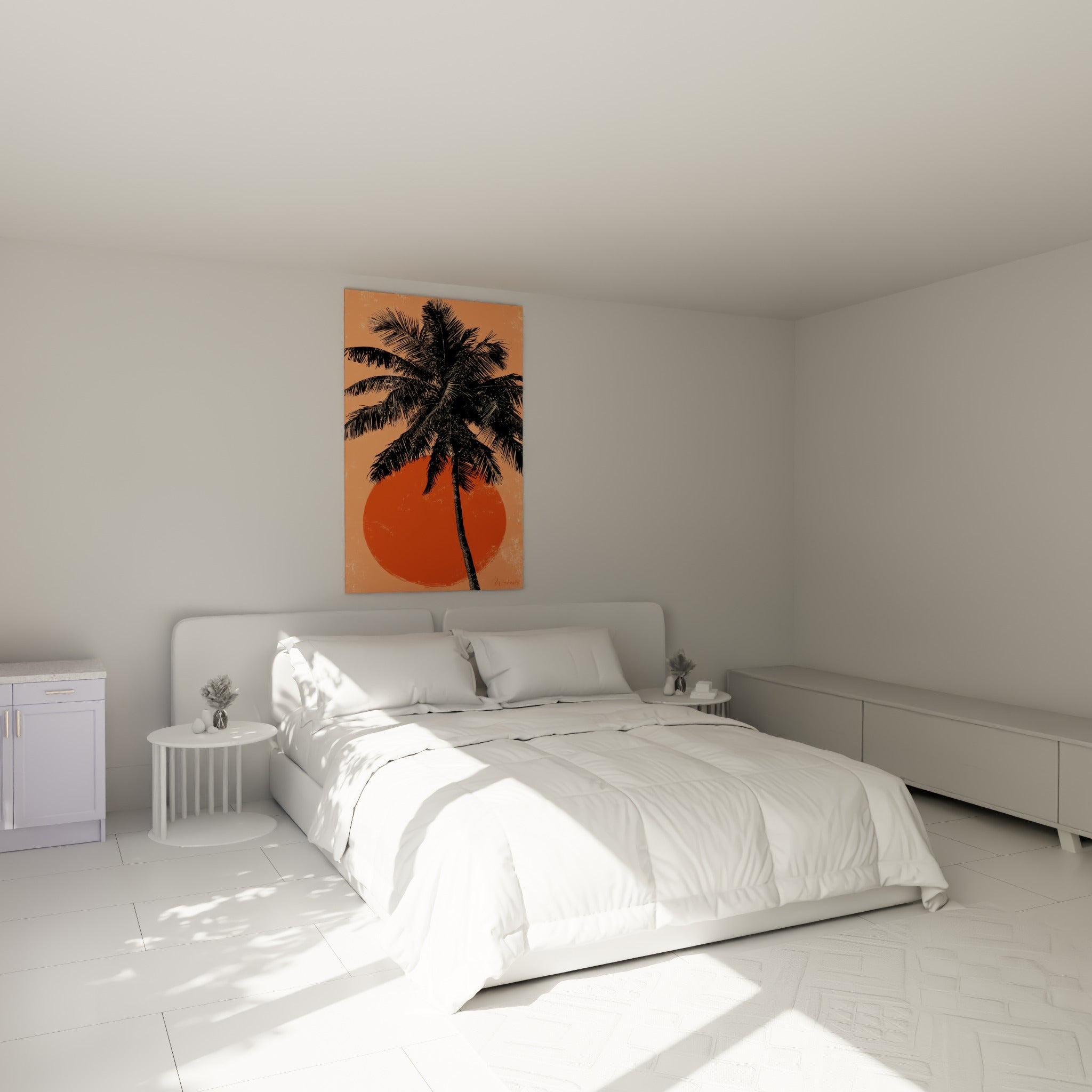 Silhouette de palmier noir et soleil terracotta au-dessus d'un lit dans une chambre claire
