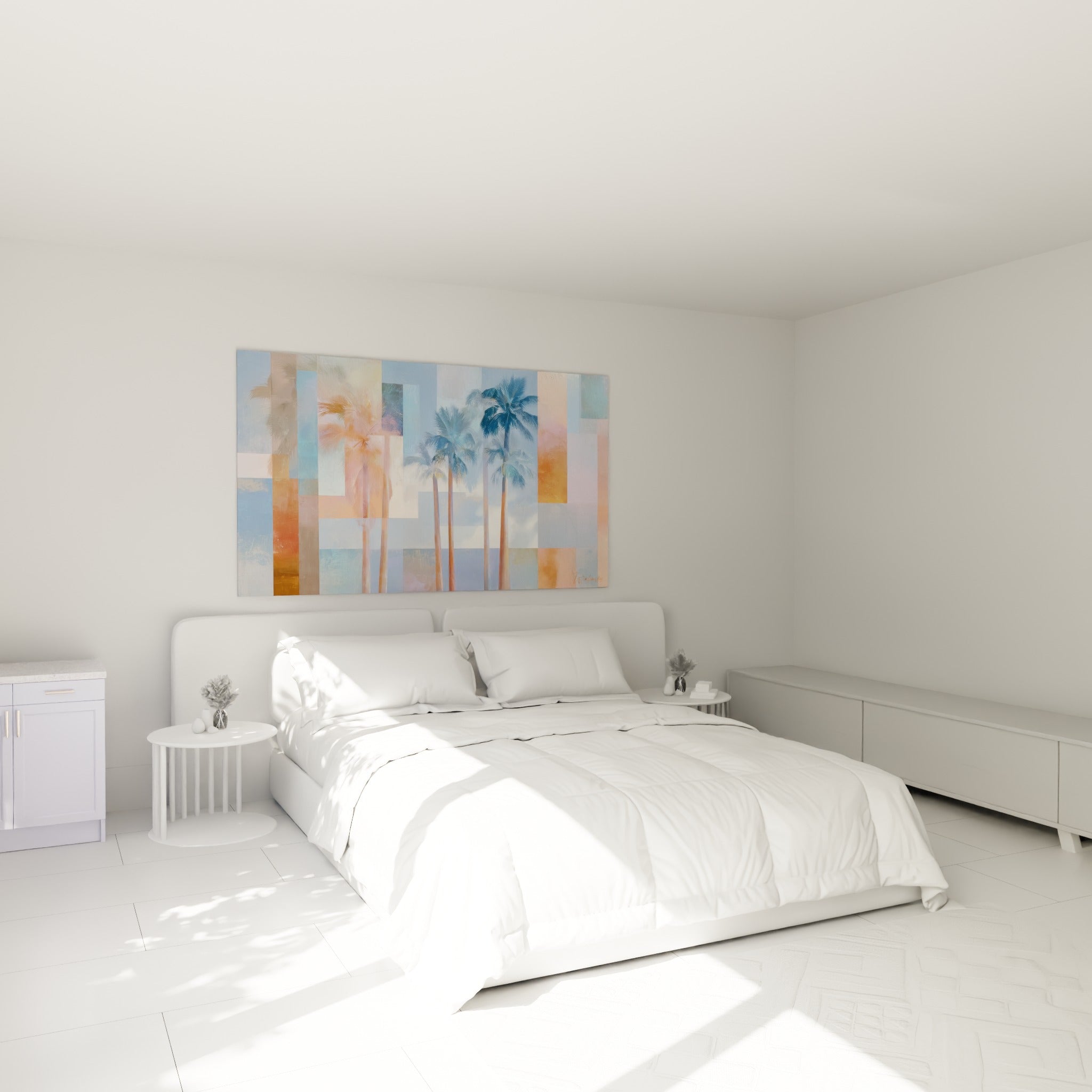 Silhouettes de palmiers bleu ciel et orangé au-dessus d'un lit dans une chambre claire