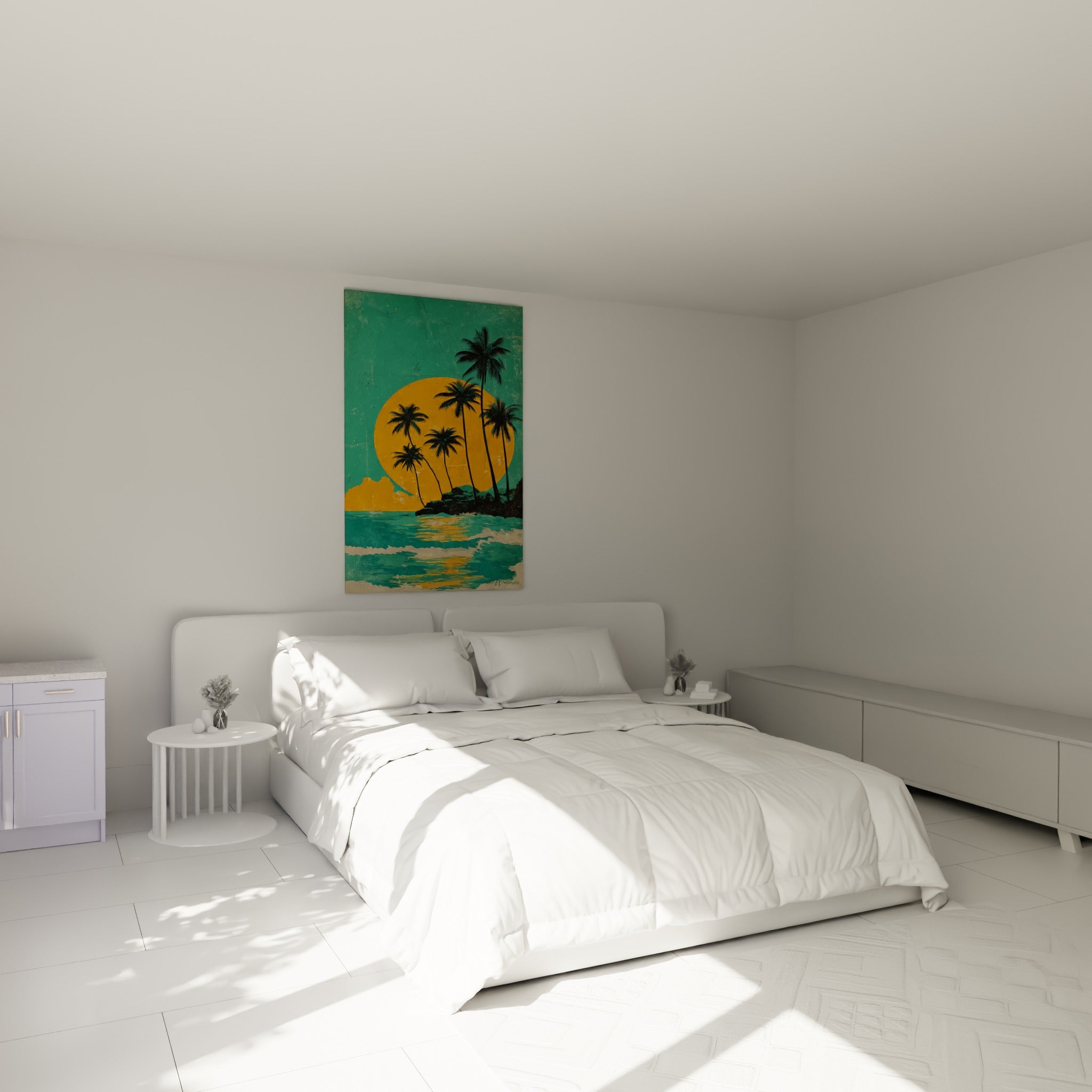 Silhouettes de palmiers sombres et soleil orangé au-dessus d'un lit dans une chambre claire