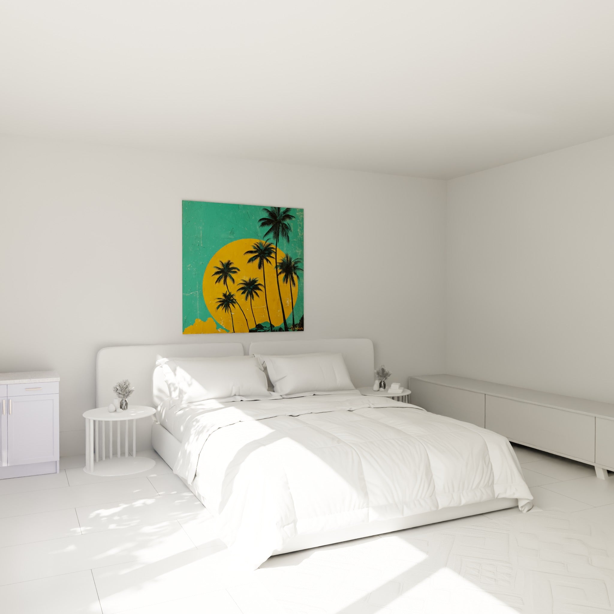 Silhouettes de palmiers et grand disque orangé au-dessus d'un lit dans une chambre claire