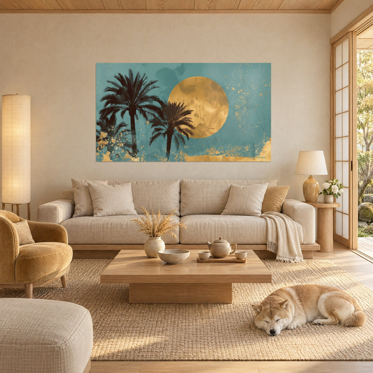 Wall art black date palms in front of a cracked golden disc on a blue-green background, sleeping Shiba above a sofa in a bright living room