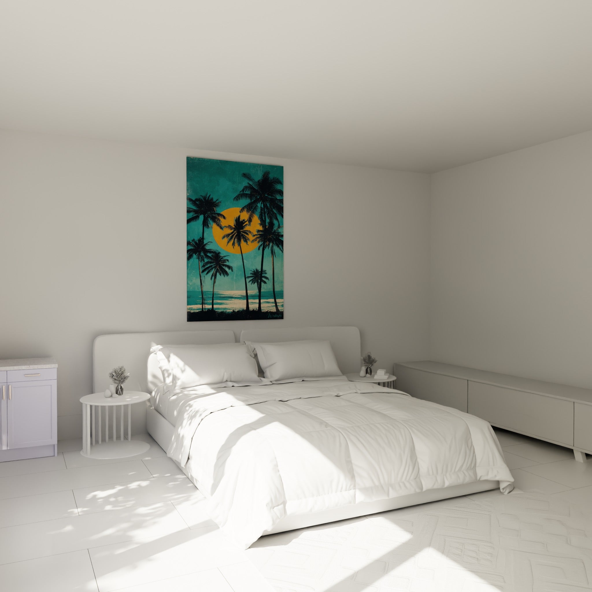 Silhouettes de palmiers et soleil orangé au-dessus d'un lit dans une chambre claire