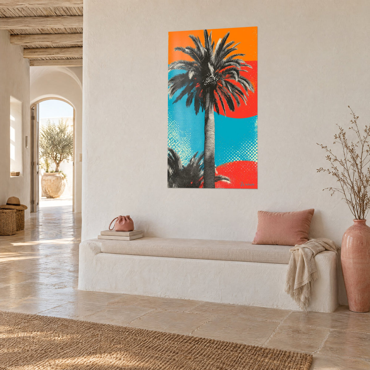 Wall art slender date palm with dark fronds, orange sky and coral red sun, on a whitewashed wall of a Mediterranean house