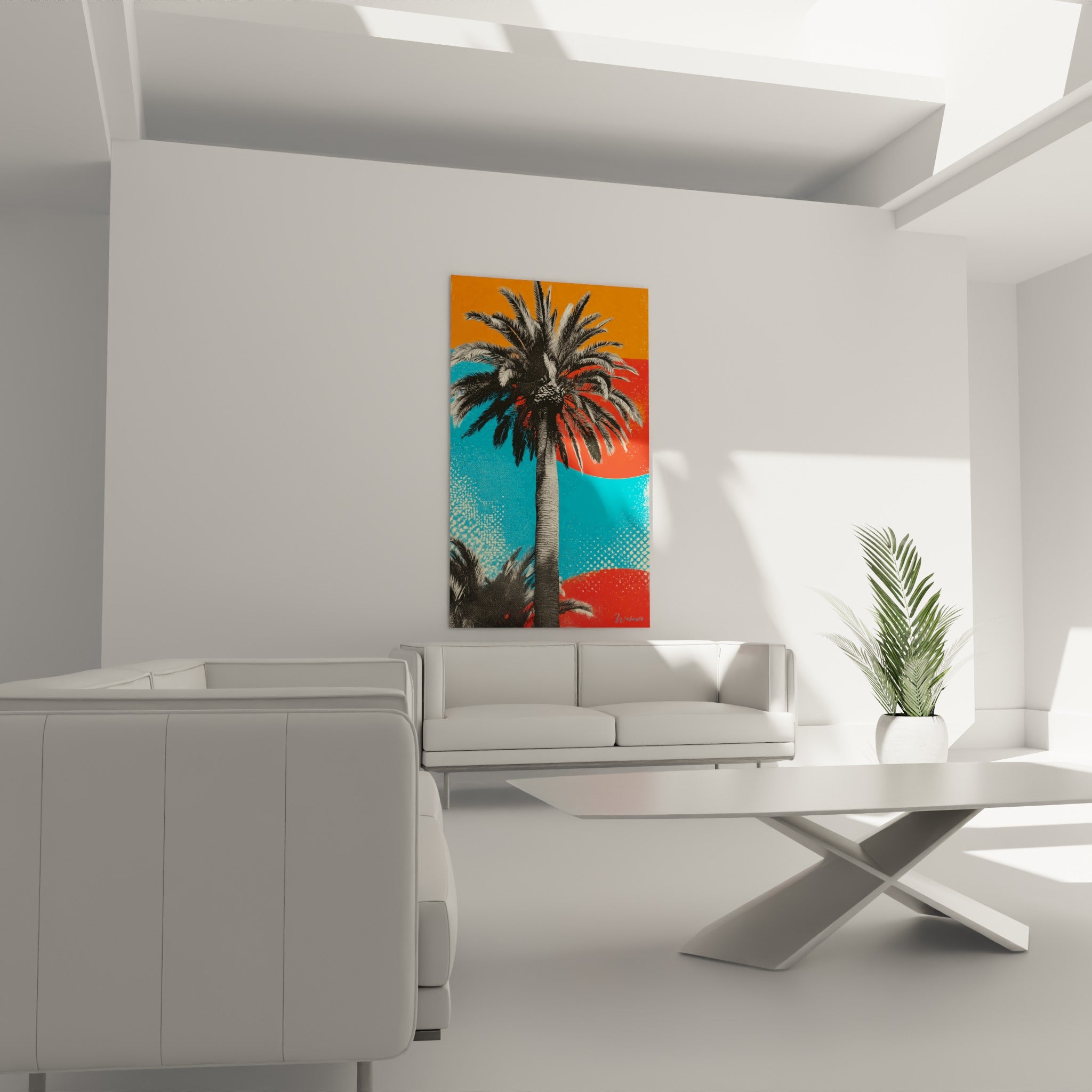 Tronc texturé du palmier entre soleil orange et lagon turquoise, au-dessus d'un canapé dans un salon lumineux
