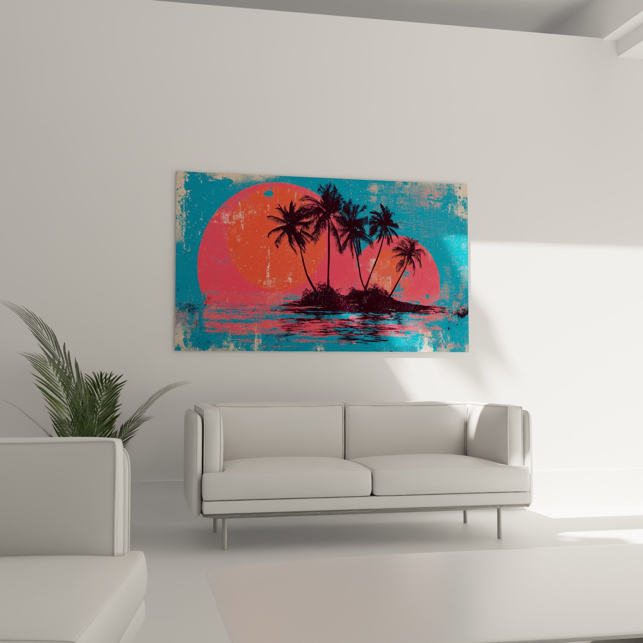 Silhouettes de palmiers et soleil rosé illuminant le bleu pétrole, œuvre au-dessus d'un canapé dans un salon lumineux