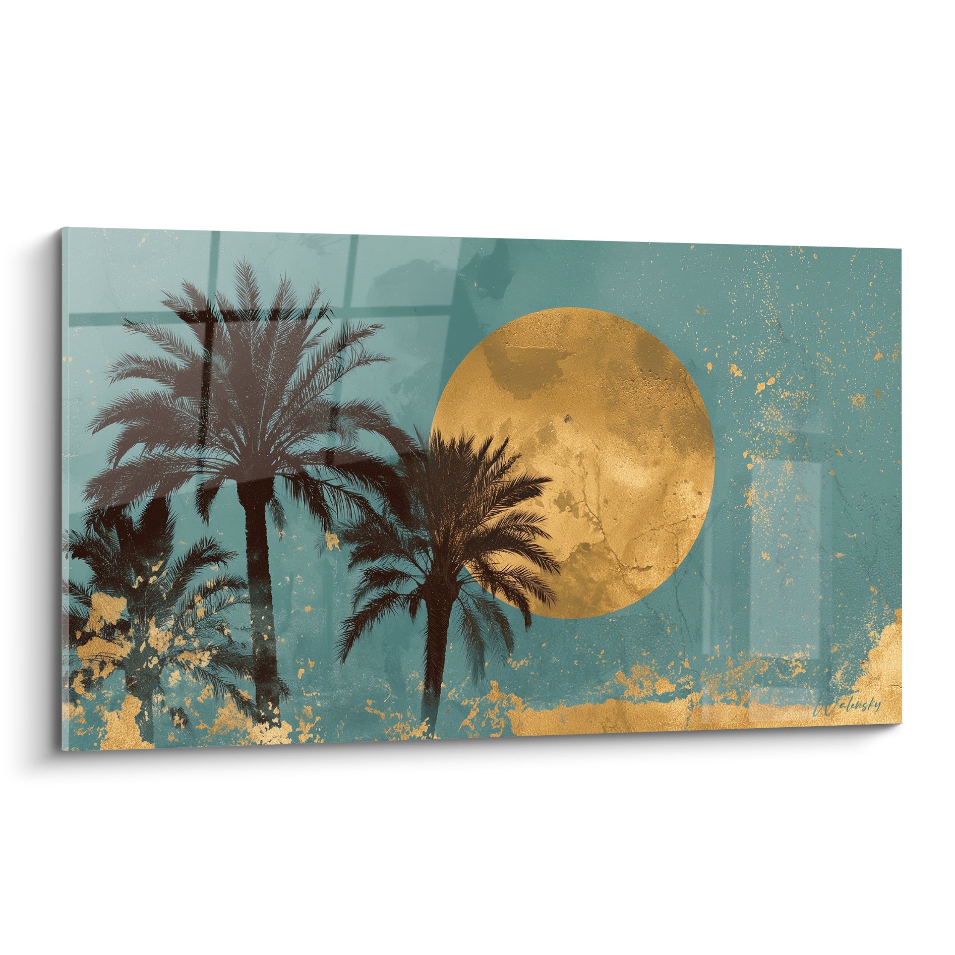 Palmiers noirs et soleil doré patiné sur fond turquoise, composition graphique rétro