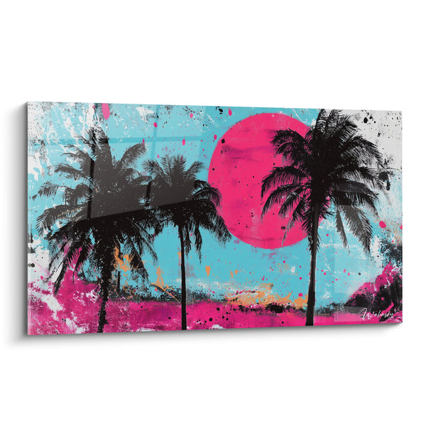 Tableau Palmiers noirs turquoise et rose disque plein - Éclaboussures blanches sur ciel - Edition Palmier