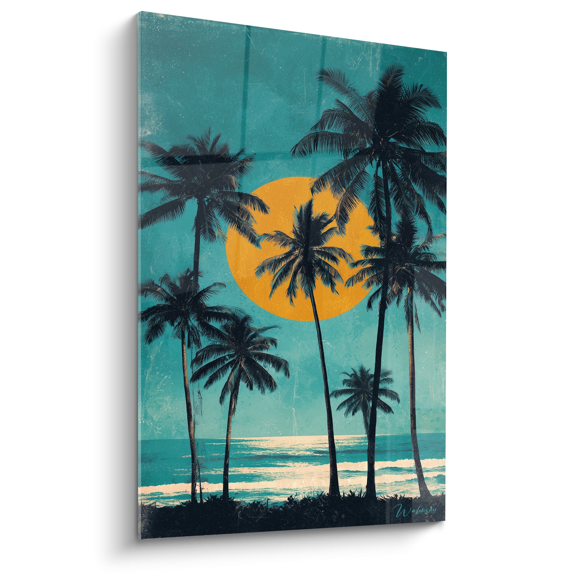 Palmiers noirs et soleil orangé dominent ce tableau bleu sarcelle au style rétro tropical