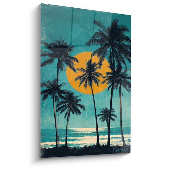Tableau Palmiers noirs turquoise et disque orange sur plage - Vagues blanches côtières - Edition Palmier