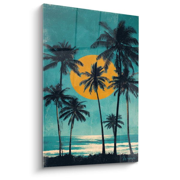 Tableau Palmiers noirs turquoise et disque orange sur plage - Vagues blanches côtières - Edition Palmier