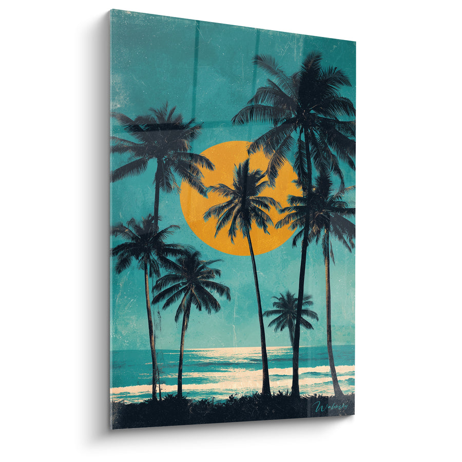 Tableau Palmiers noirs turquoise et disque orange sur plage - Vagues blanches côtières - Edition Palmier