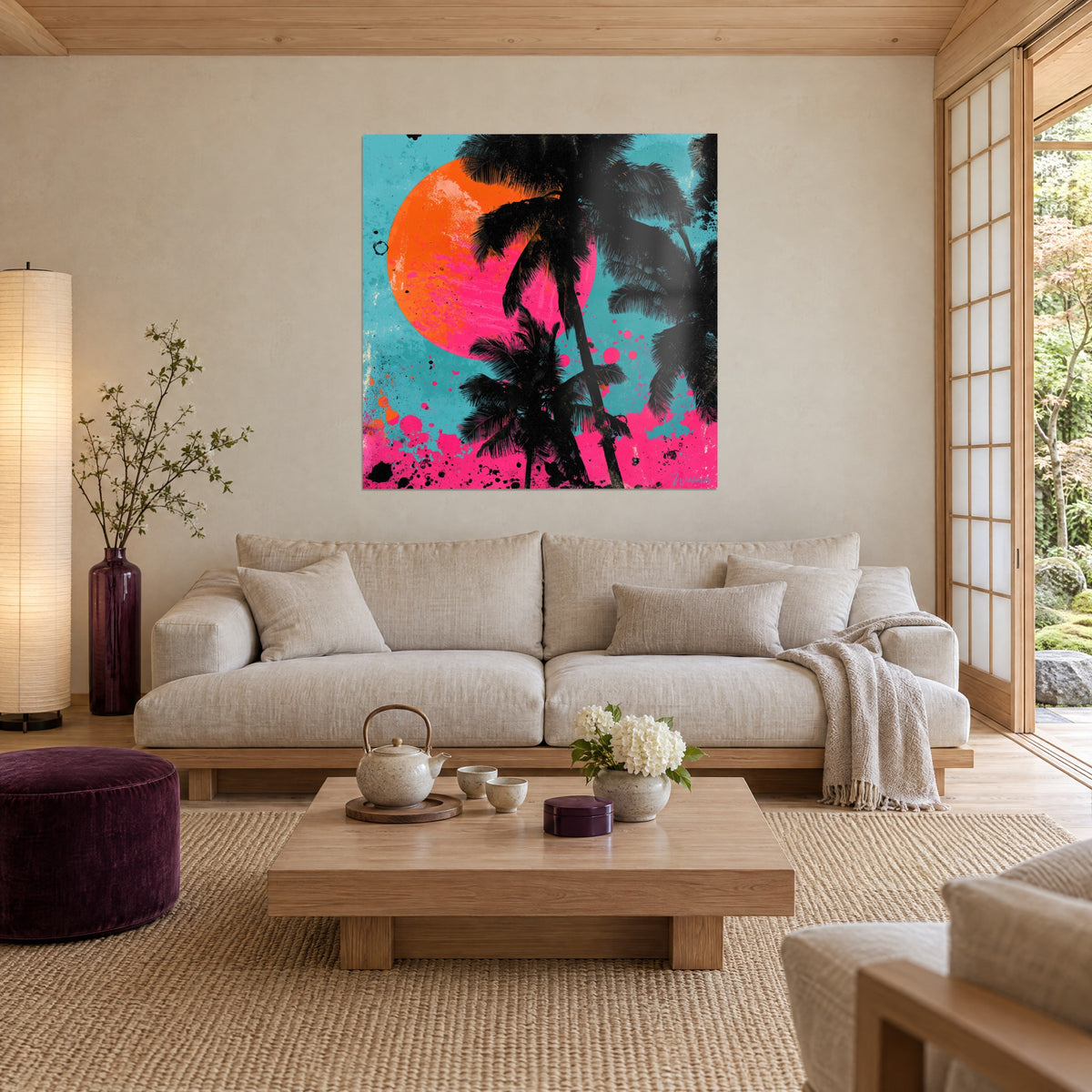 Wall art black silhouetted palm trees before an orange and pink sun in a turquoise sky, above a sofa in a bright living room
