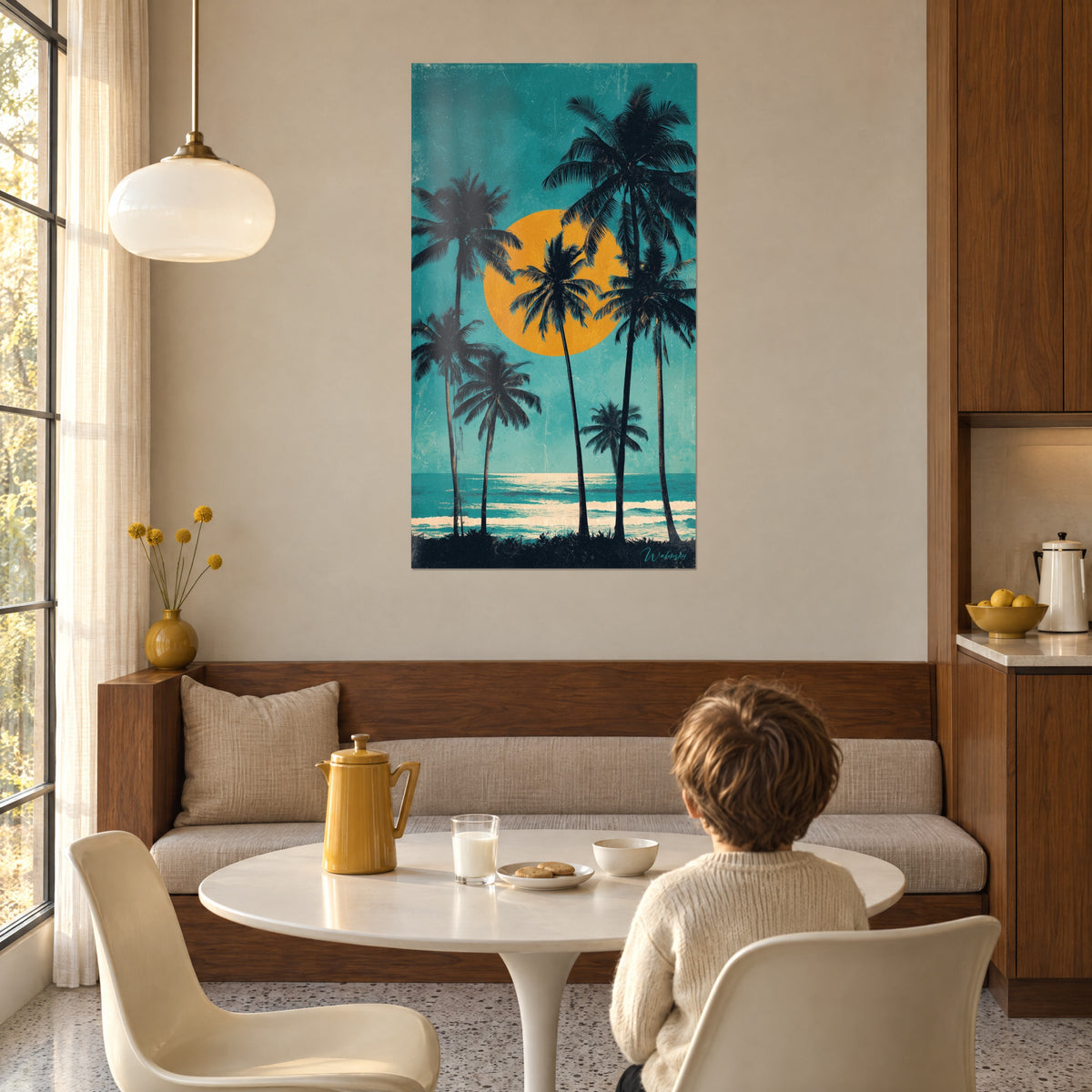 Cuadro atardecer naranja tras troncos esbeltos negros, mar cian y olas crema, en un salón de los años 50 junto a una mesa