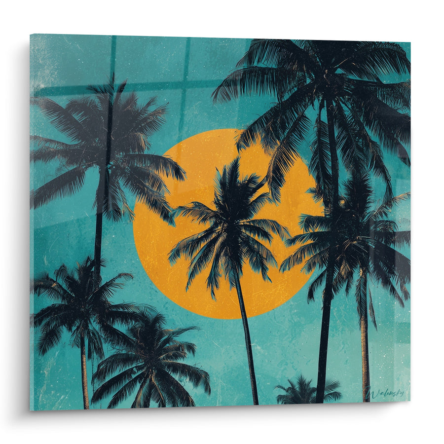 Tableau Palmiers noirs turquoise et disque orange vif - Silhouettes multiples entrelacées - Edition Palmier