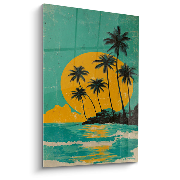 Tableau Îlot rocheux noir et turquoise sous grand disque orange - Vagues d'écume blanche - Edition Palmier
