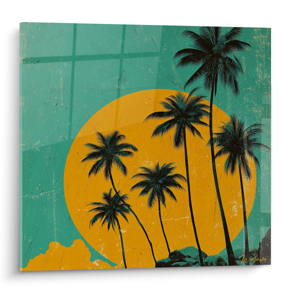 Tableau Palmiers noirs soleil orangé texture usée - Soleil rétro tropical - Edition Palmier