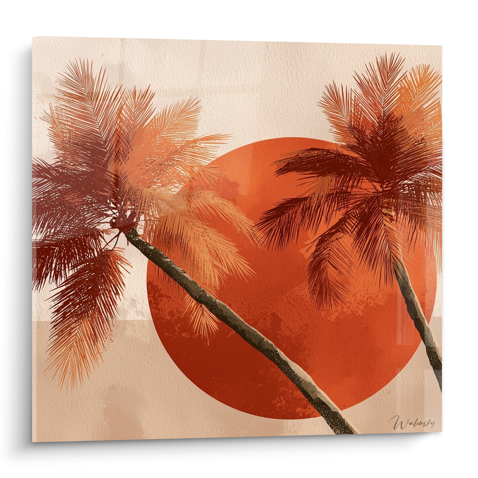 Palmiers bruns et terracotta inclinés devant un soleil orangé sur fond beige sable