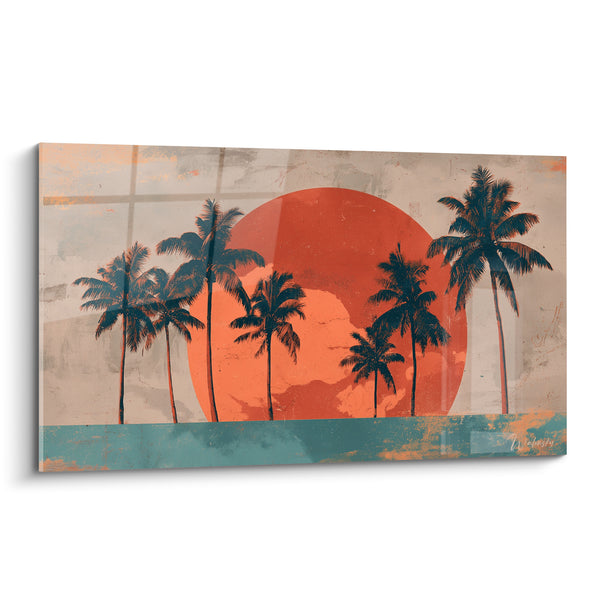 Tableau Palmiers noirs et soleil terracotta géant - Crépuscule rétro tropical - Edition Palmier