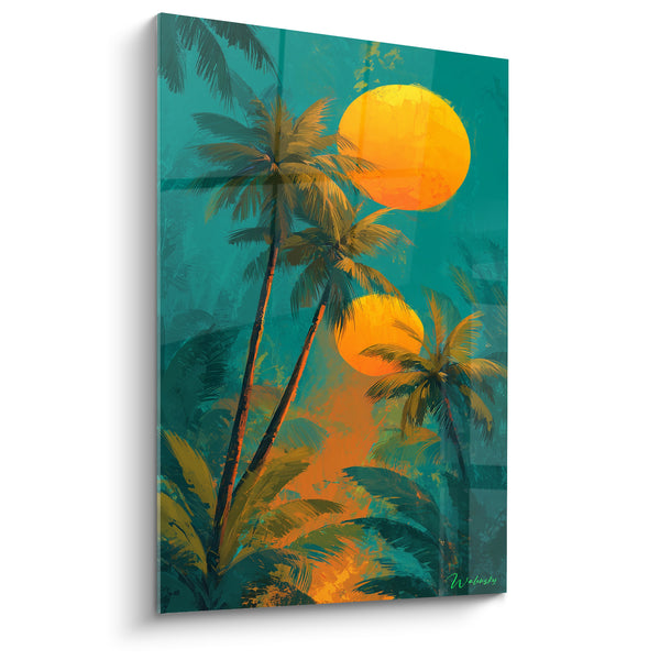 Tableau Palmiers sous deux soleils dorés - Double crépuscule tropical - Edition Palmier