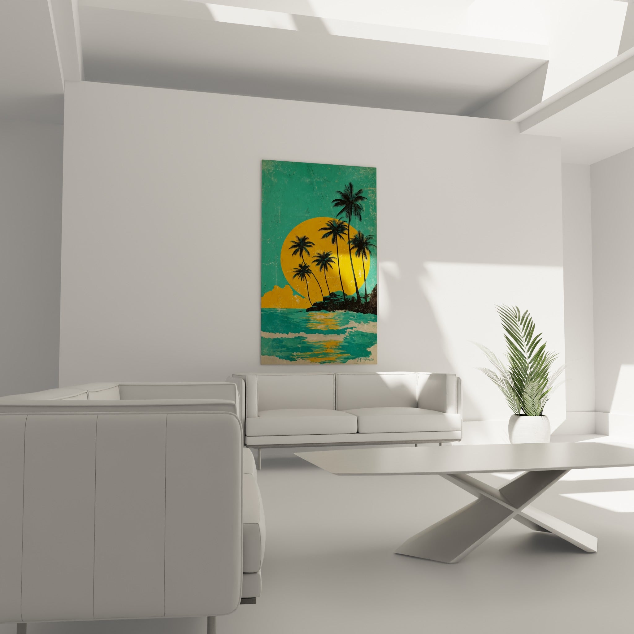 Composition tropicale turquoise et orangée aux palmiers graphiques au-dessus d'un canapé dans un salon lumineux