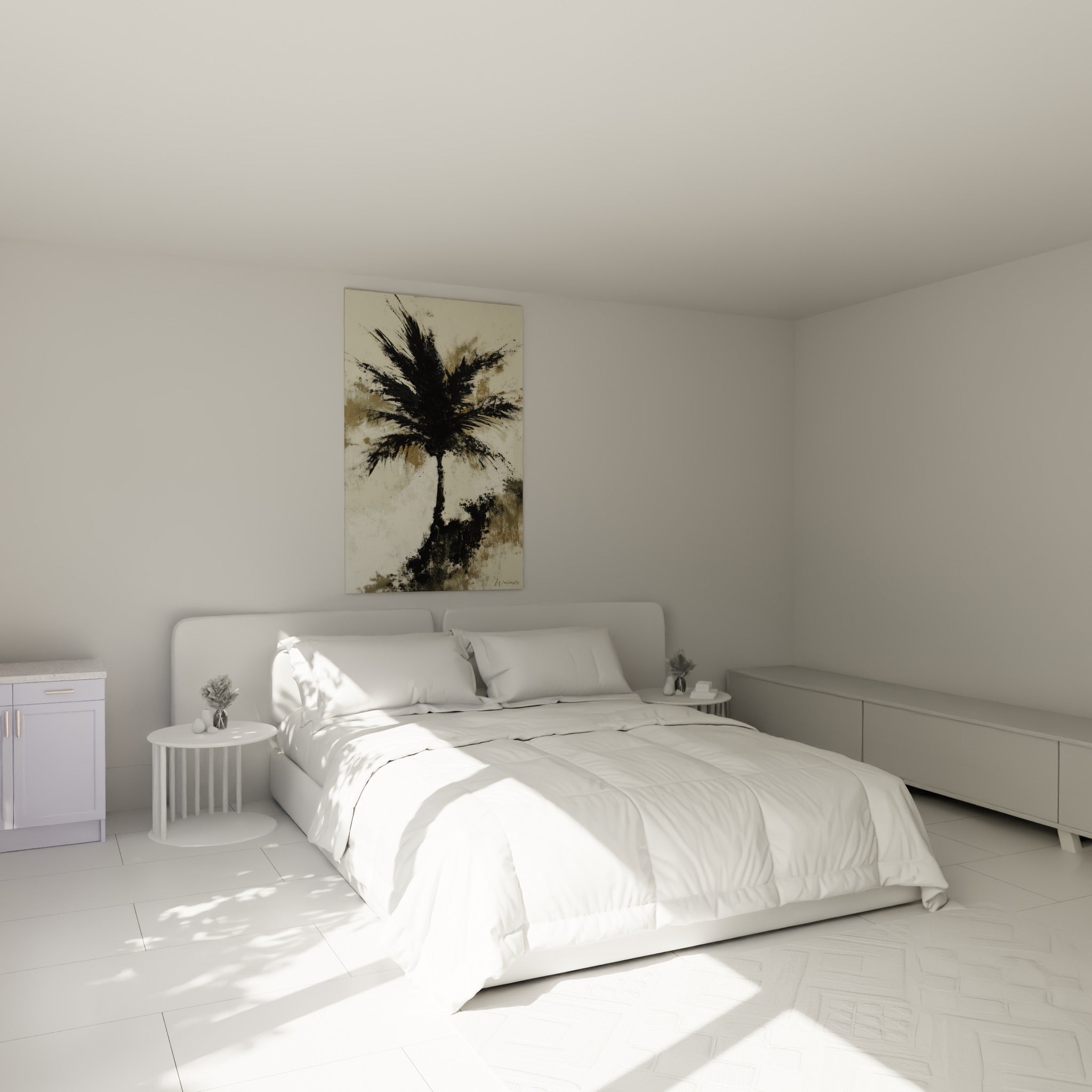 Silhouette de palmier noir et taupe surplombant un lit dans une chambre claire