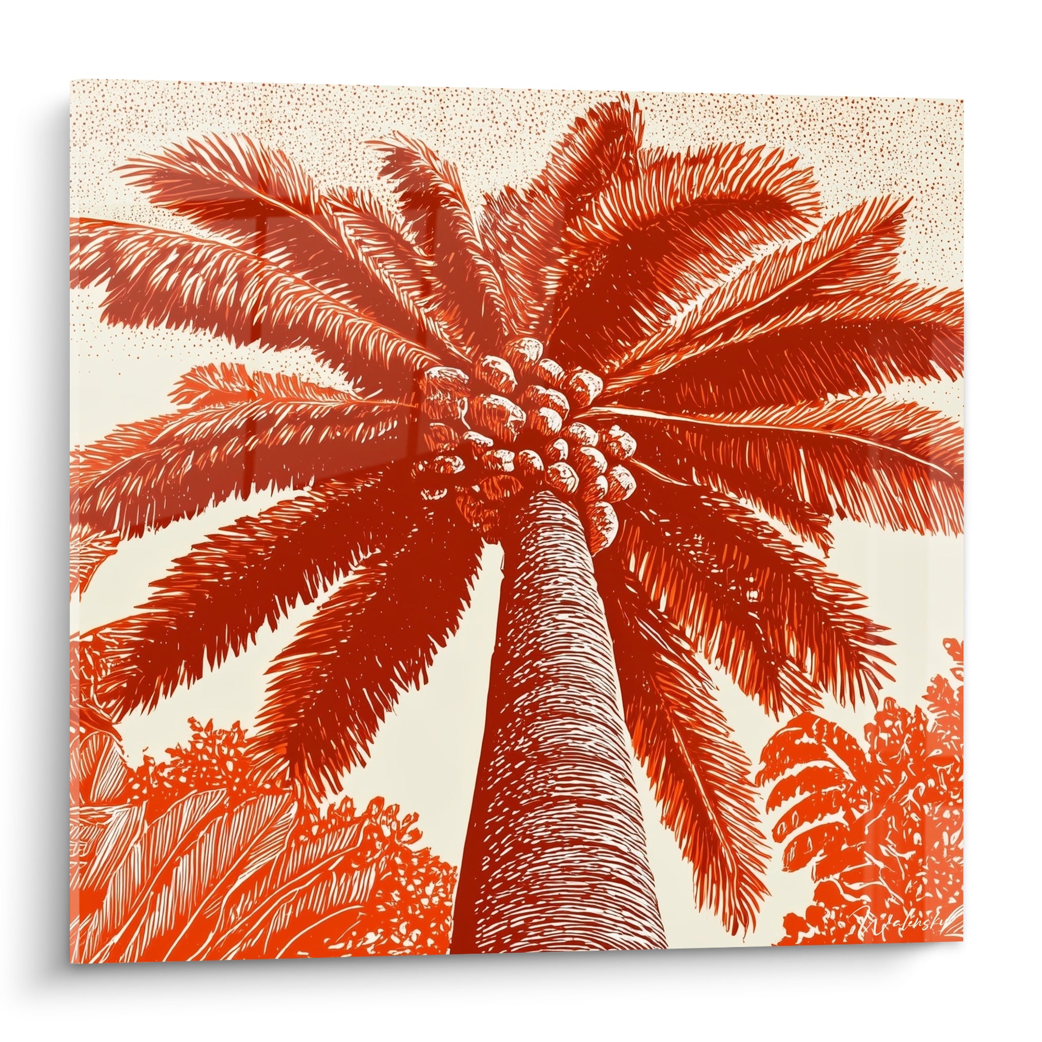 Palmier terracotta et crème dessiné en contre-plongée avec régime de fruits au tronc élancé