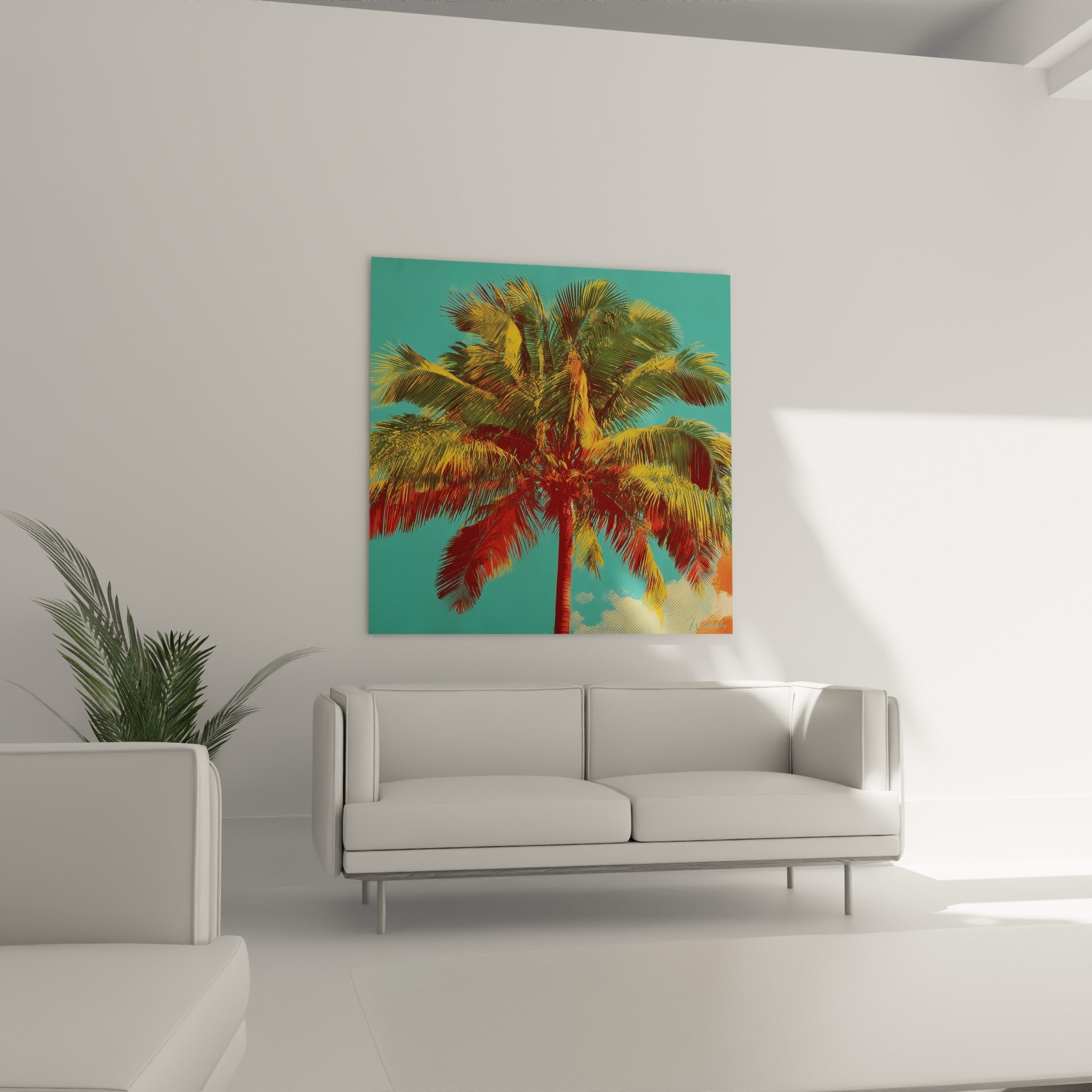 Feuillage tropical rouge et vert olive sous ciel turquoise, au-dessus d'un canapé dans un salon lumineux