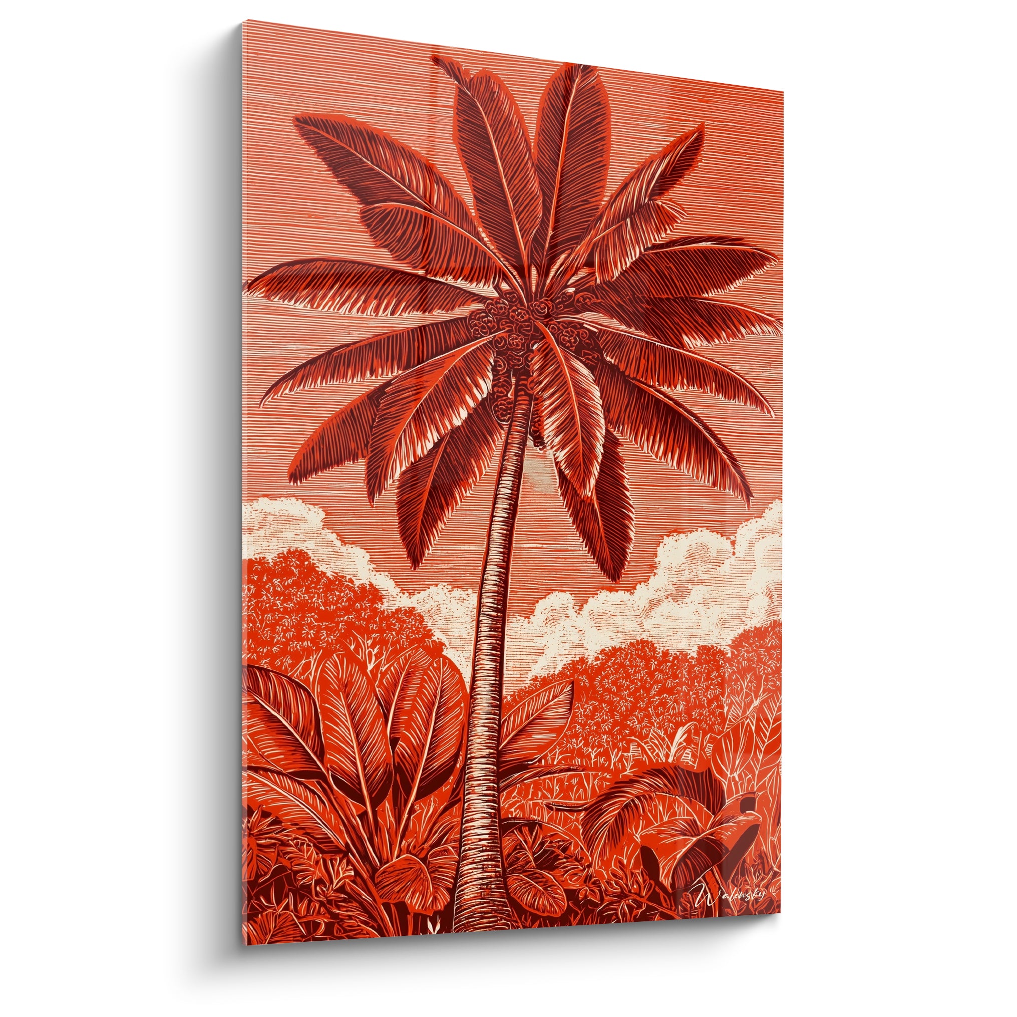 Palmier tropical terracotta et crème aux palmes déployées sur fond de jungle gravée