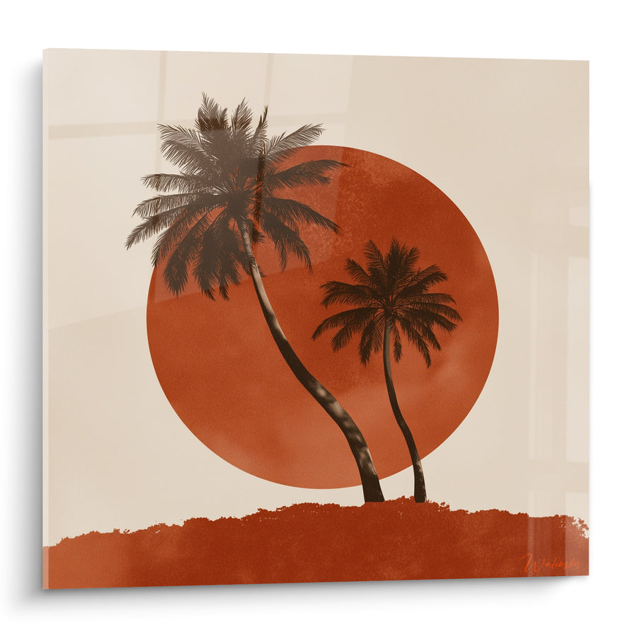 Tableau Palmiers noirs et disque terracotta silhouettés - Colline en contrejour - Edition Palmier