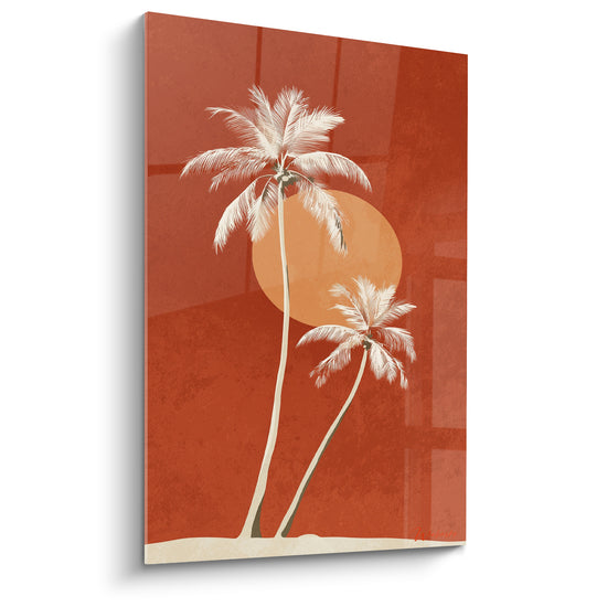 Palmiers ivoire dressés sur fond terracotta profond, disque solaire orangé en arrière-plan graphique
