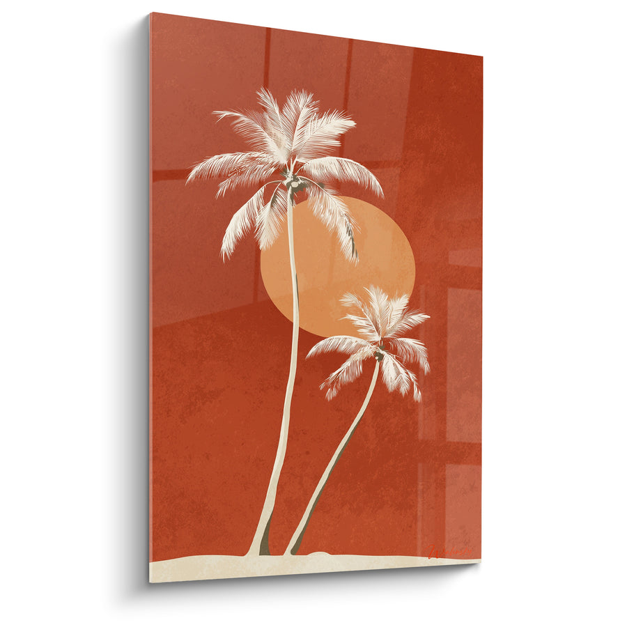 Tableau Palmiers ivoire sur fond terracotta et disque orangé - Silhouettes jumelles sur sable - Edition Palmier