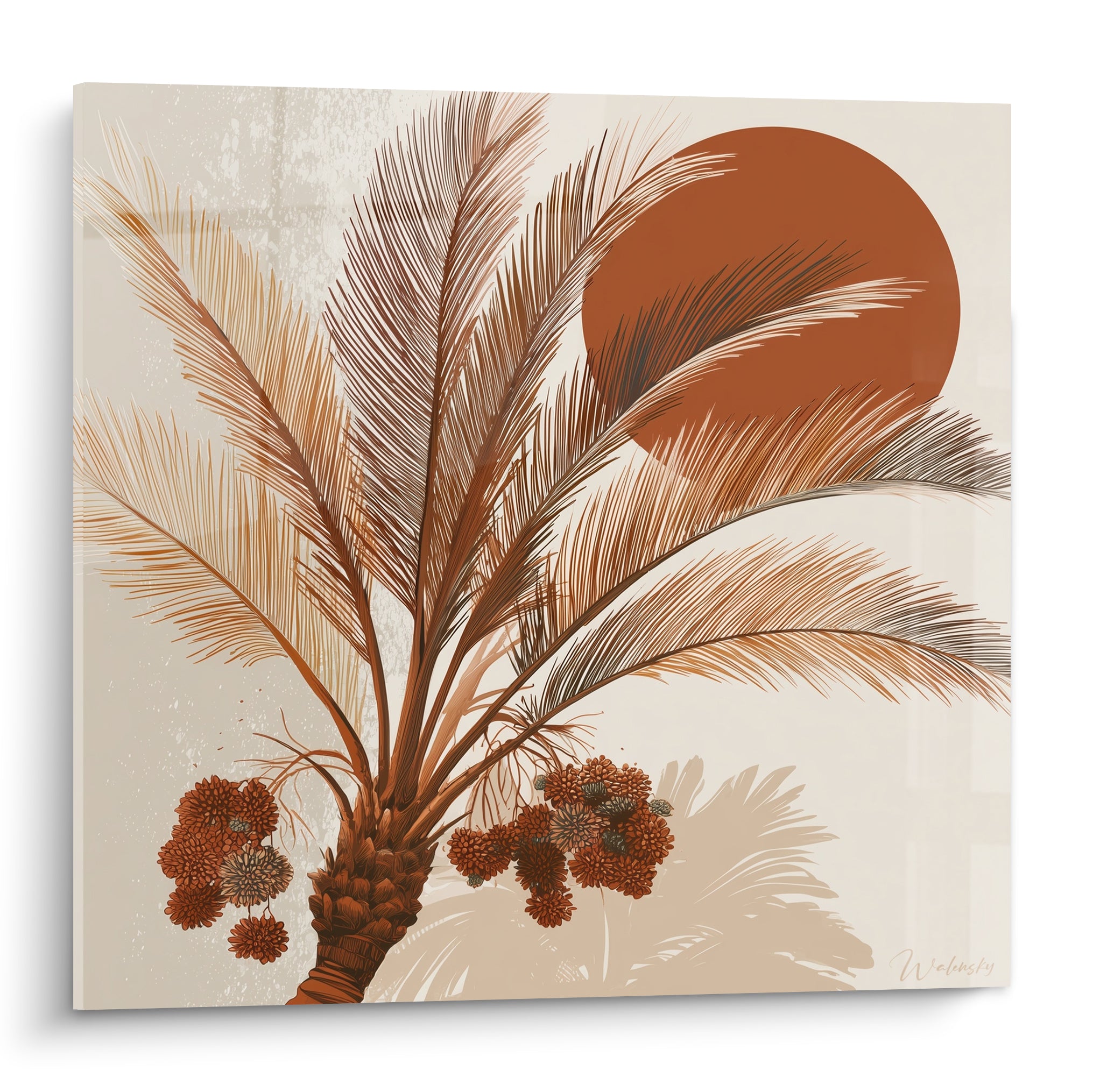 Palmier illustré aux palmes brunes et beiges devant un soleil terracotta, grappes de dattes rouille