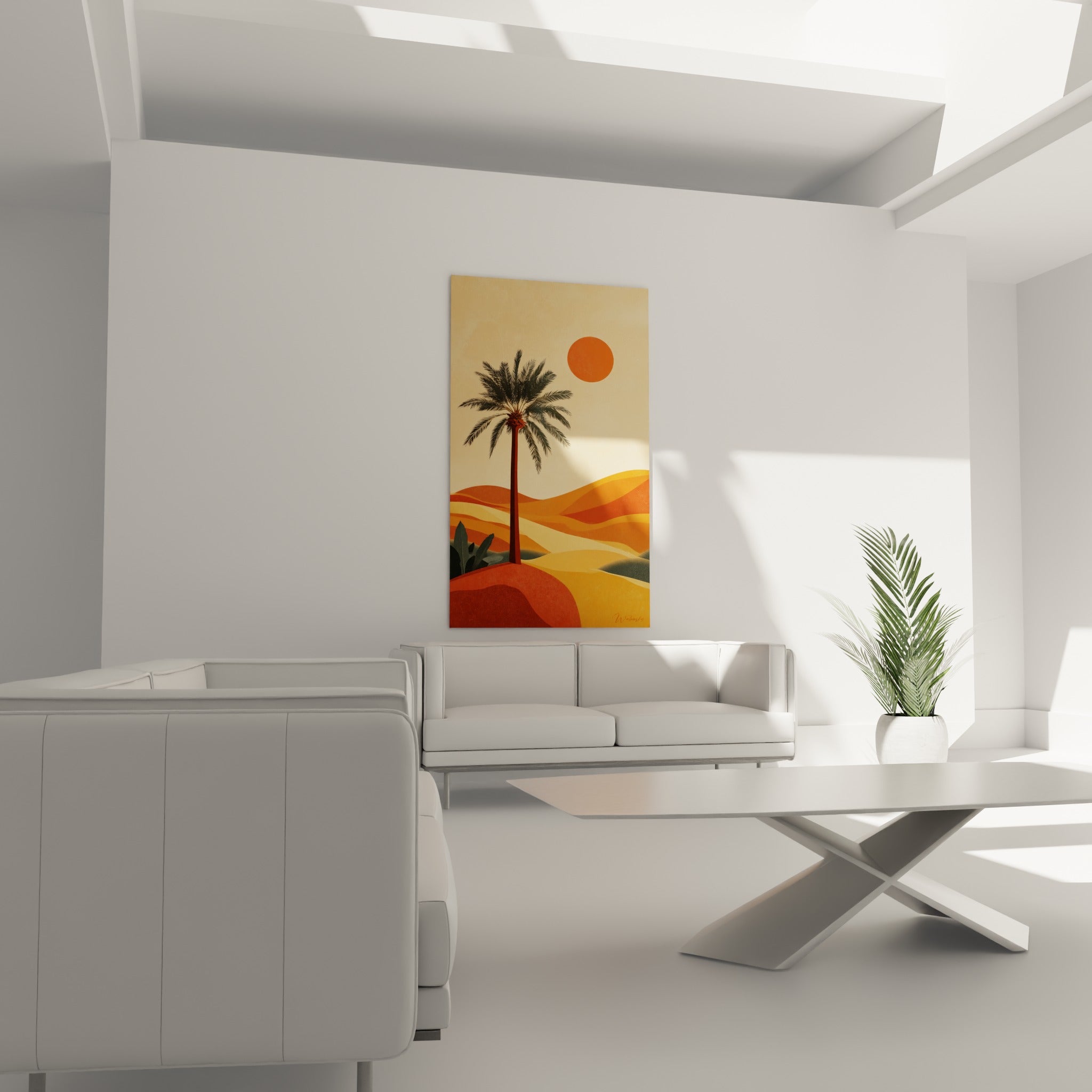 Dunes ocre et palmier anthracite sous un soleil orangé accrochés au-dessus d'un canapé dans un salon lumineux