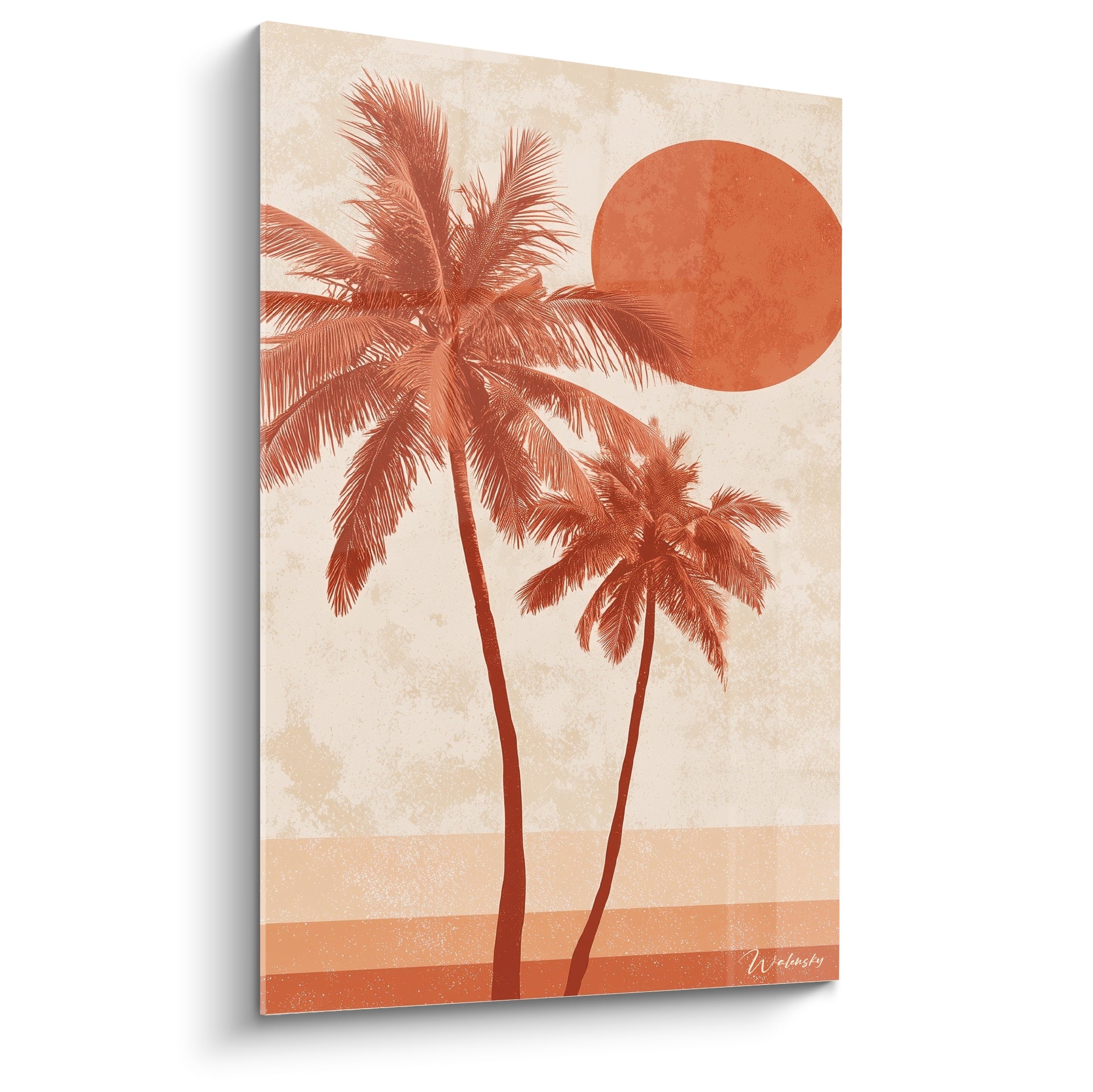 Palmiers terracotta et soleil ocre stylisés sur fond beige texturé, composition graphique rétro