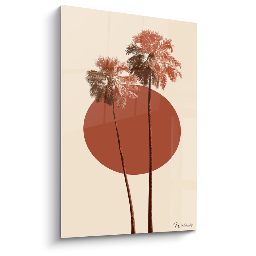 Tableau Palmiers terracotta et beige soleil rond - Coucher solaire épuré - Edition Palmier