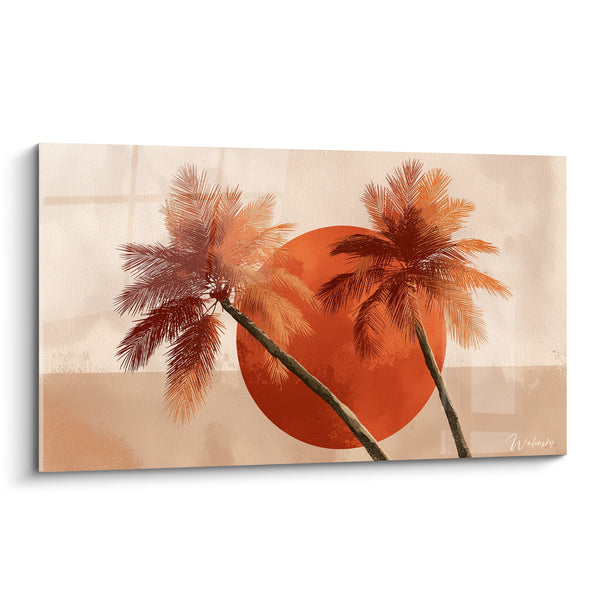 Tableau Palmiers terracotta et beige au disque orange - Troncs entrelacés inclinés - Edition Palmier