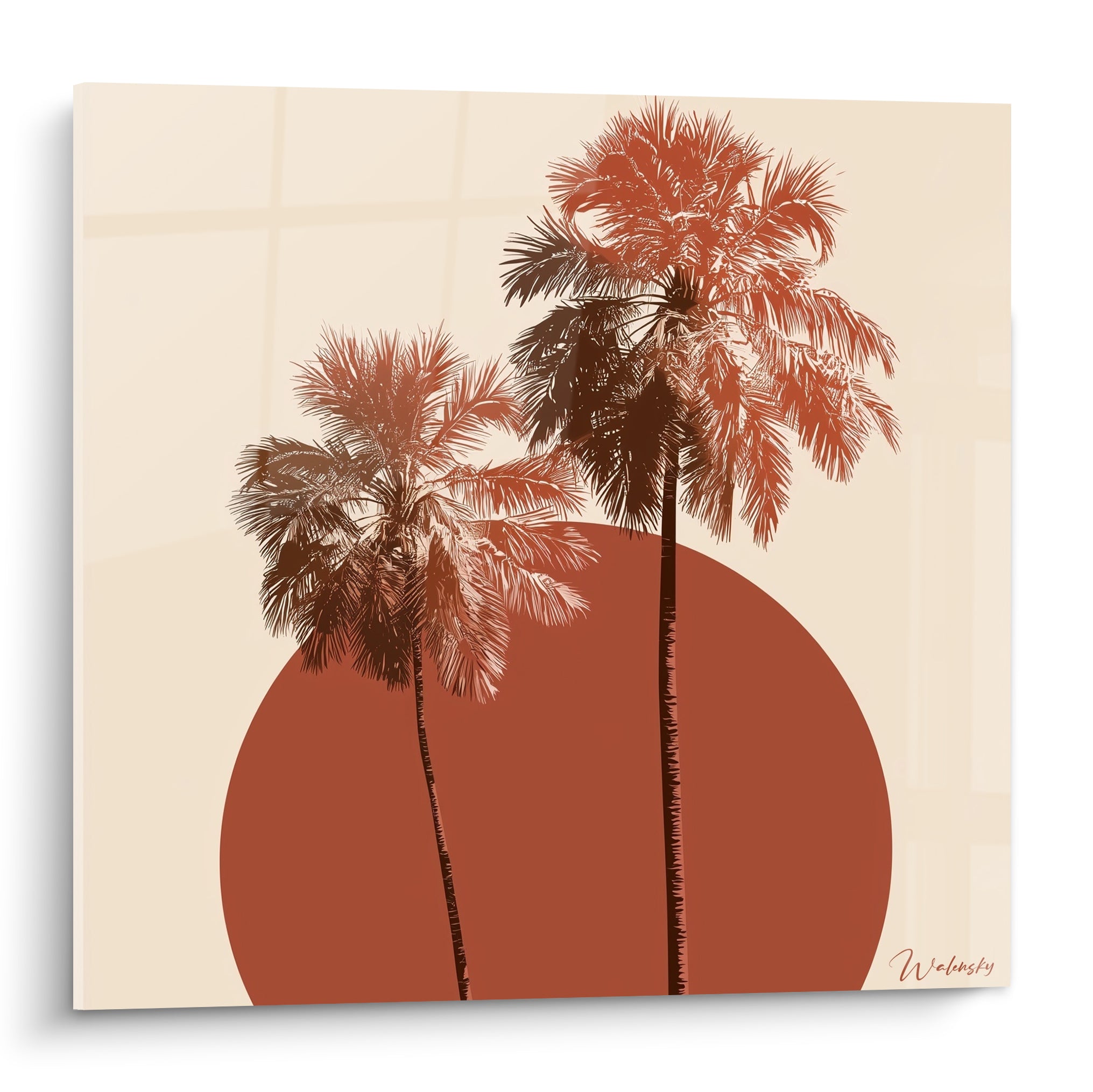 Palmiers en silhouette brune et terracotta devant un disque solaire rond, fond crème