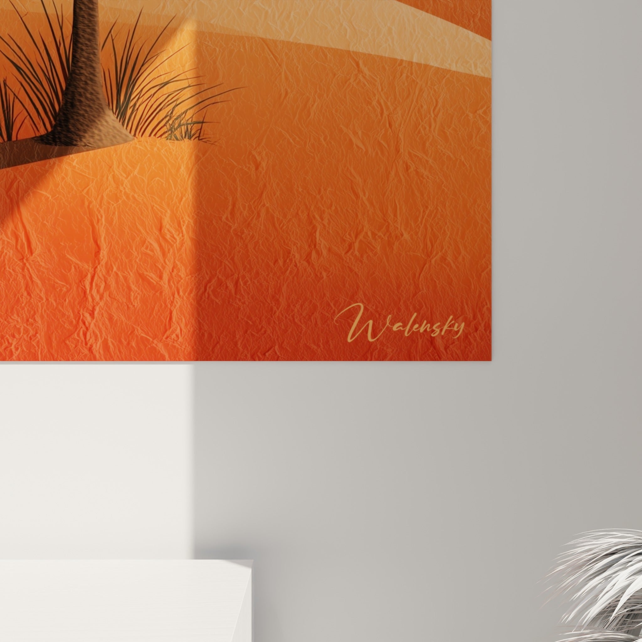 Grain texturé du fond beige et empâtements orangés des dunes visibles en gros plan sur la toile