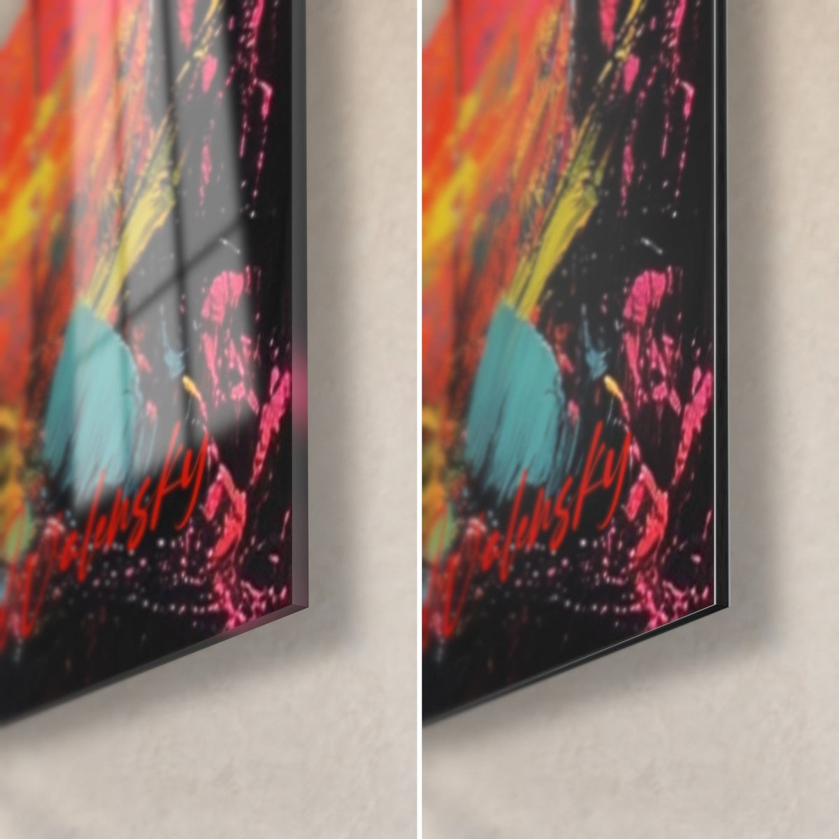 Wall art palm trees against a pink and yellow sky, bottom right corner: glossy acrylic glass on the left, matte black Dibond aluminum on the right, 3 mm edge