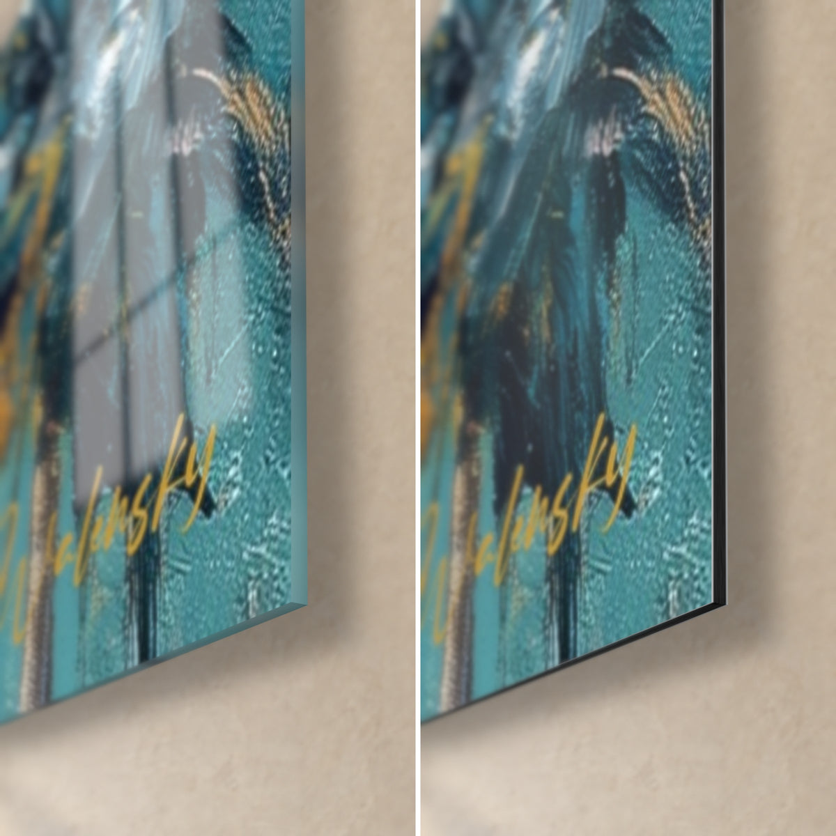 Gemälde Palmen in Petrolblau auf goldenem Hintergrund, untere rechte Ecke: glänzendes Acrylglas mit Reflexen links, matt gebürstetes Alu-Dibond rechts